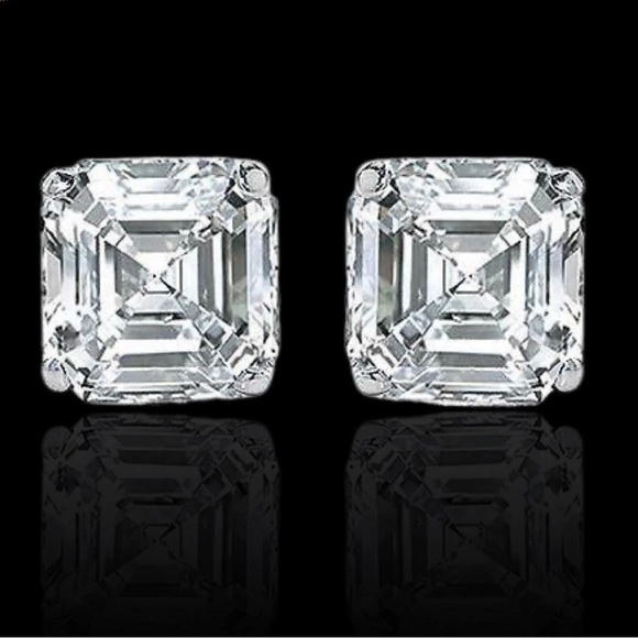14K WG Plated 4 Carat Asscher Cut Simulated Diamond Stud Earrings Gift Box